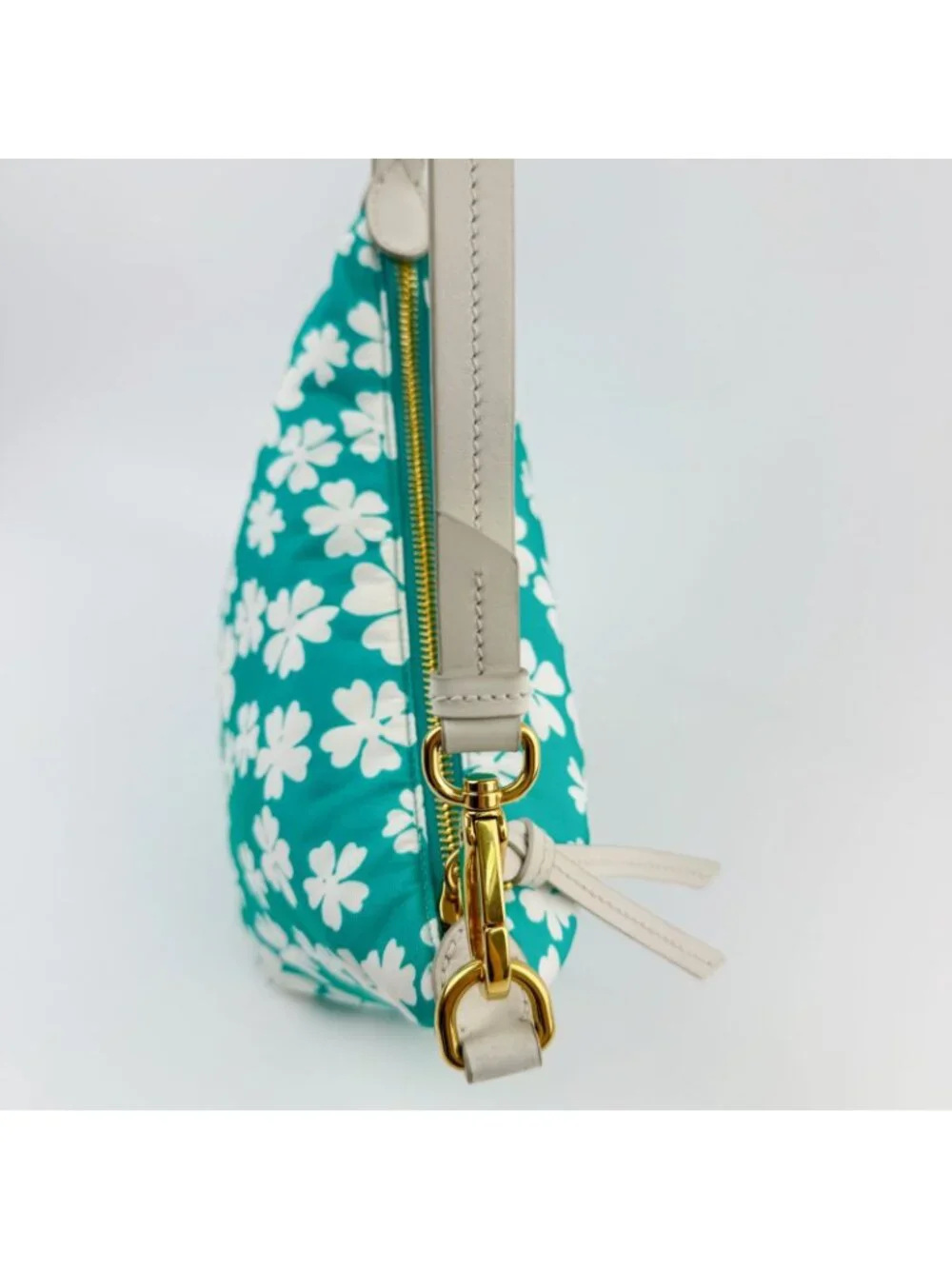 Miu Miu Spirit Floral Re-Nylon Handbag Pouch Nylon Leather Green White Gold